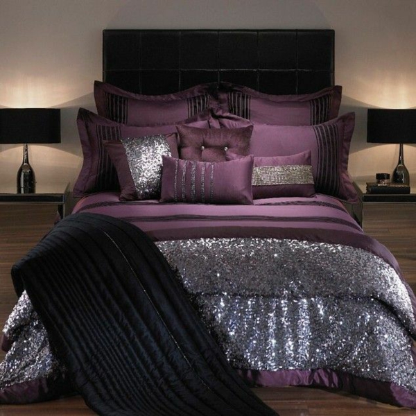 soveværelse design ideer med lilla sorte sølv