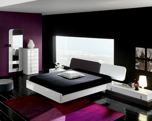 dormitorio pared forma pared diseño rosa y cama negra