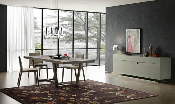 diseño de la pared negro alfombra de la cómoda mesa comedor mesa de madera
