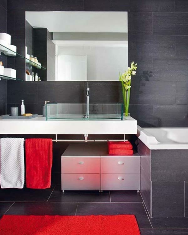 黑色内墙红毛巾浴室的想法设计