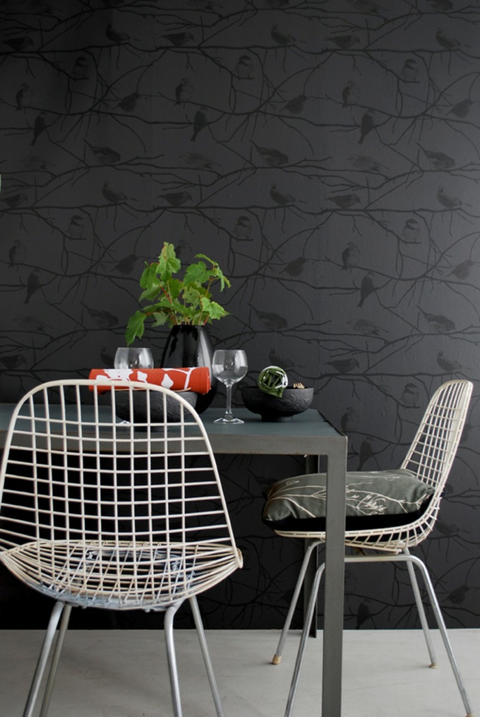 μαύρο τοίχο βαφή μαύρο τοίχο ταπετσαρία τραπεζαρία σχήμα φυτό σχήμα