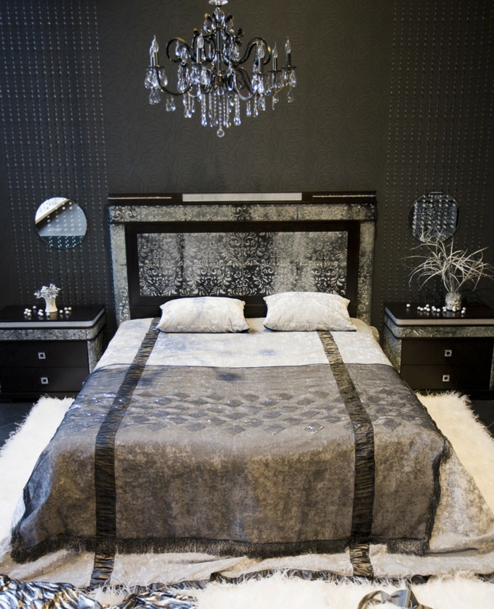 svart veggmaling hjemmeinnredning soverom luksuriøst sengetøy