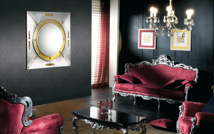 黑色墙壁客厅设置豪华的红色沙发典雅的咖啡桌