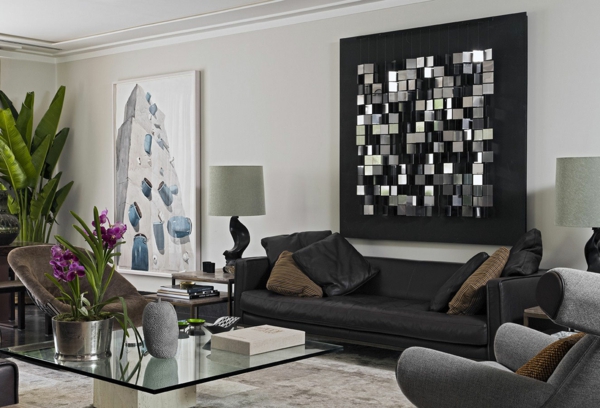 sofá de cuero negro elegante sala de estar planta
