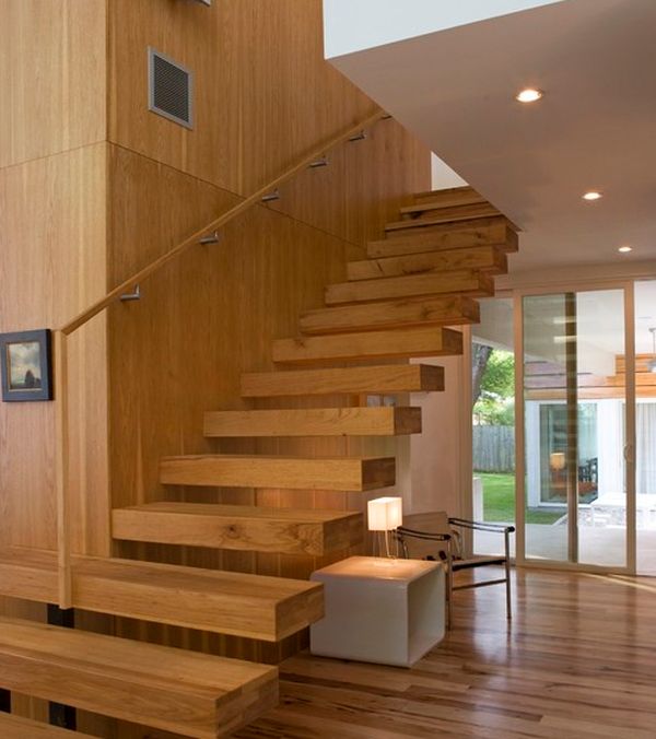 плаващи стълби идеи дърво оборудване дървени панели стена дизайн