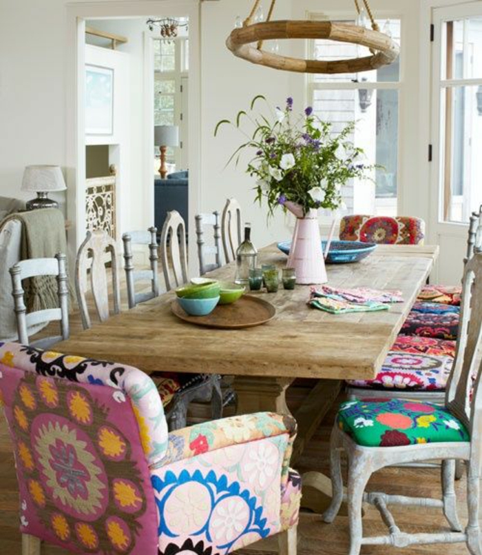 רהיטים, אופנתי, boho, סגנון, חדר אוכל, כסאות, כורסה, צבעוני, תבנית, פרחים
