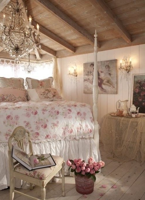 nuhjuinen tyylikäs makuuhuone kukkaelementit kattokruunu ruusut