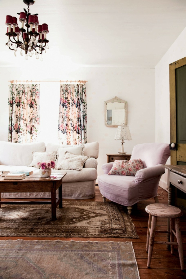 Shabby Chic styl obývací pokoj zdobení dekorační záclony