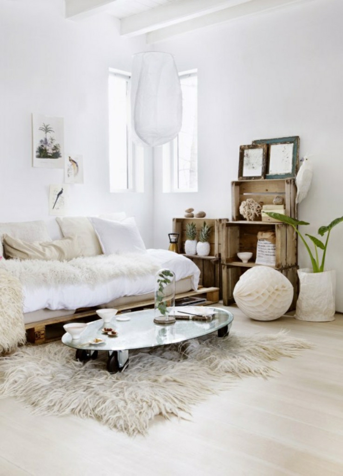 shabby chic living room furnishing ideas sheepskin carpet bedspread wooden cases wall shelves diy ideas