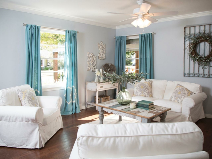 shabby chic living room ideas diy coffee table wooden planks vintage dresser blue drapes