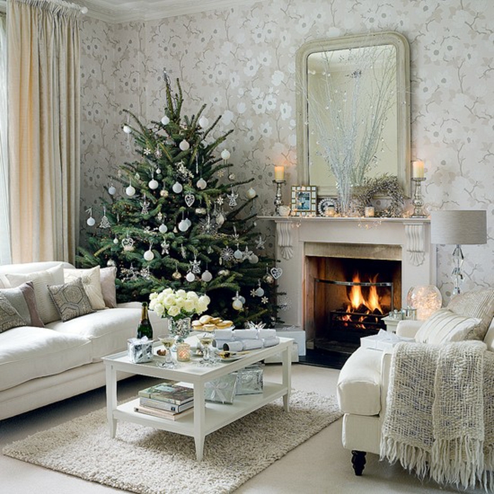 shabby chic καθιστικό ιδέες ρύθμιση καφέ πίνακα vintage μοτίβο ταπετσαρία floral Χριστουγεννιάτικο δέντρο