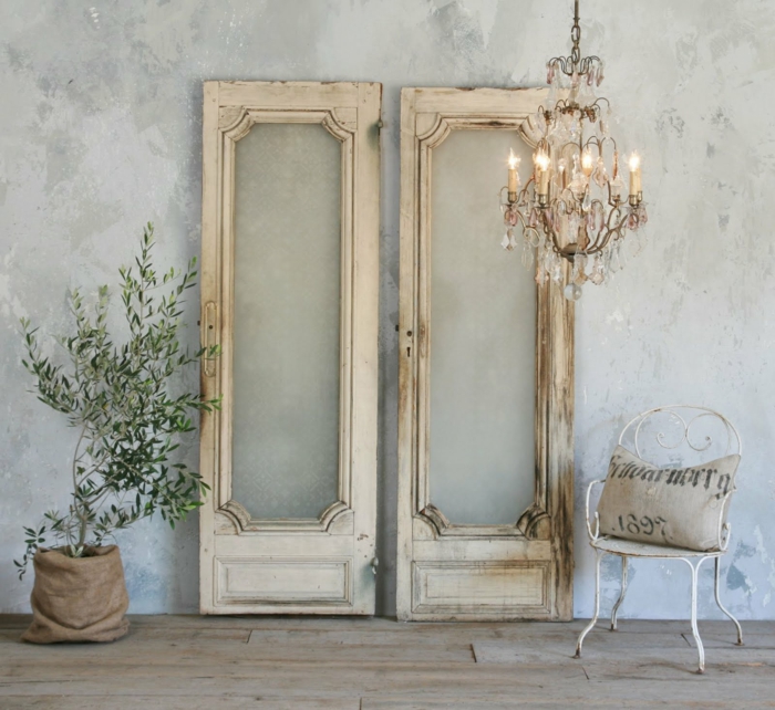 shabby chic living room ideas crystal chandelier old doors wood
