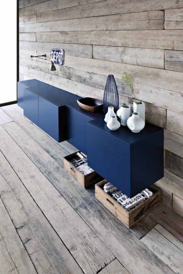 خزانة معلقة البلاط الأزرق تصميم الخشب نظرة