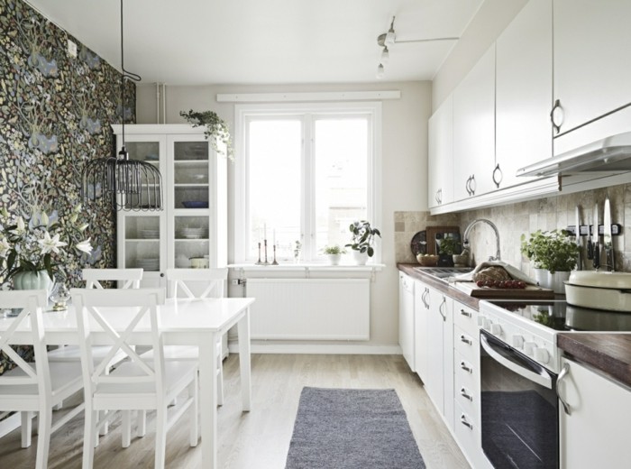 scandinavă înființat un design de bucătărie frumoasă tapet gri covor alergător