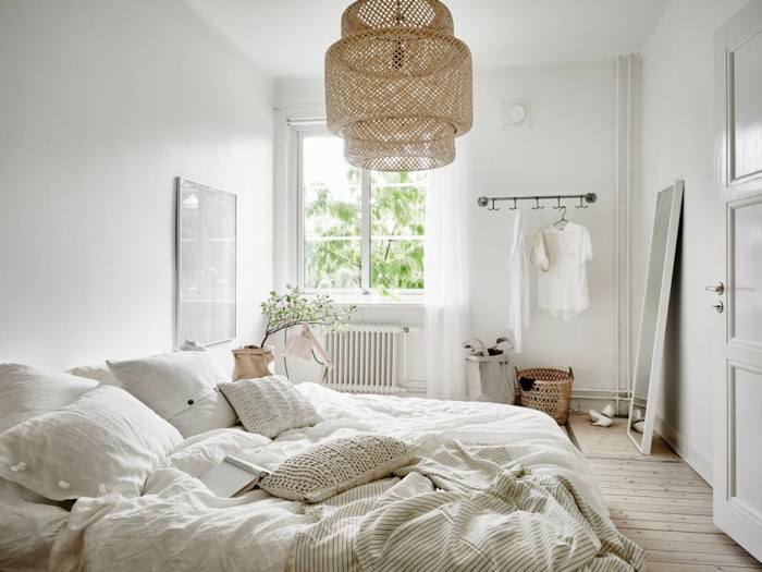 скандинавски обзавеждане спалня дървени подови растения огледало