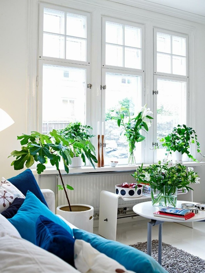 скандинавски декориране на дневна стая син хвърли възглавница растения сив килим