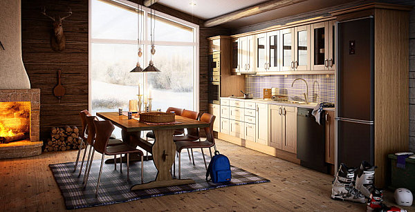 Скандинавската кухня проектира килим от дърво с висящи светлини