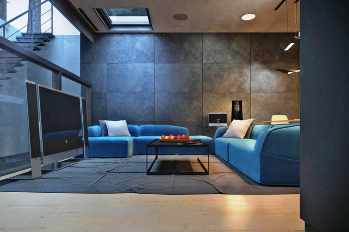 диван синьо сиво килим телевизор осветление хол