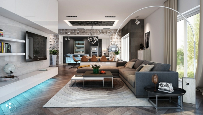 sofá gris alfombra fresca pared viviente mesa redonda