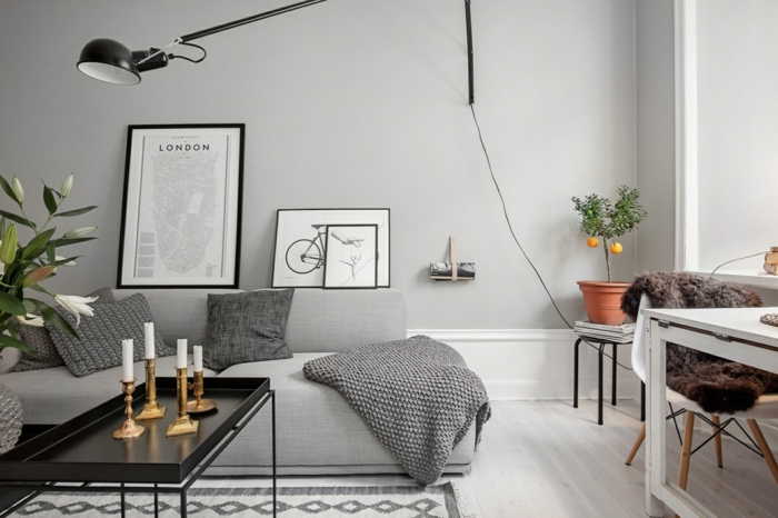 sofá gris mesa de café plantas sala de estar
