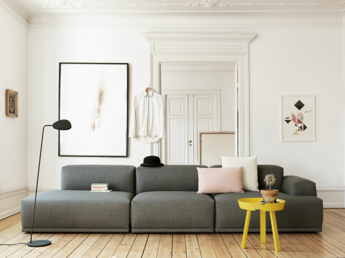 gris sofá amarillo mesa auxiliar sala de estar configurar ideas