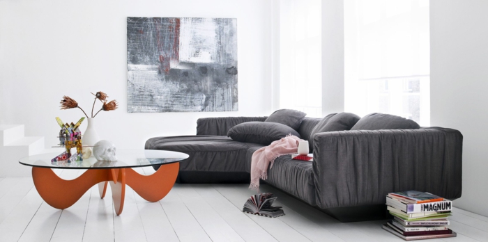 sala de estar gris sofá conjunto mesa de café fresco base naranja de vidrio