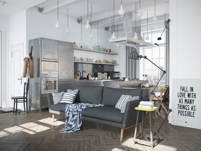 sofá gris sala de estar decoración ideas estilo escandinavo
