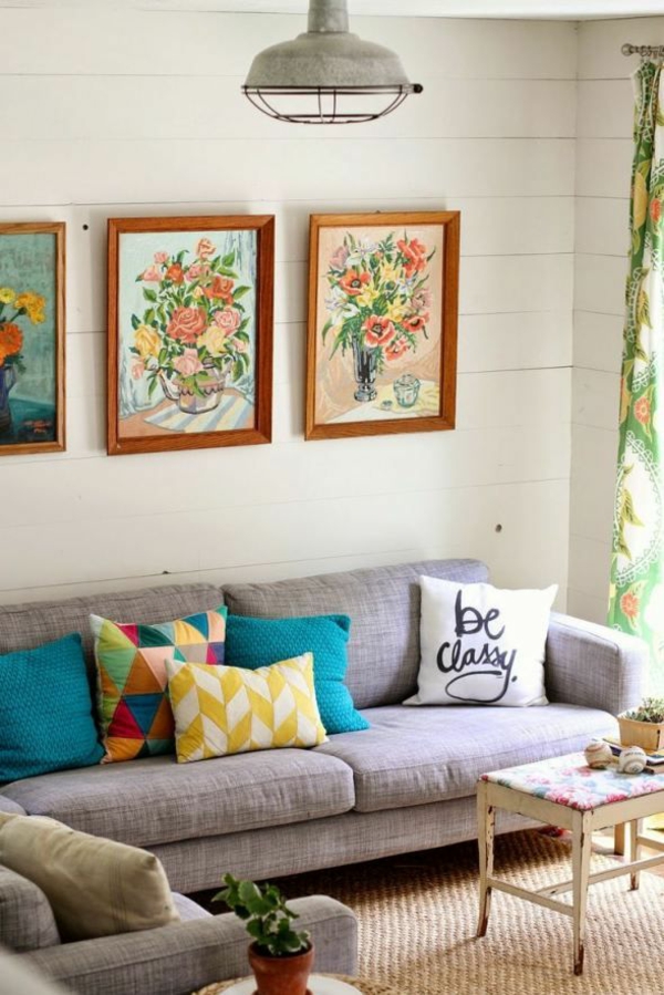 sofá cojines sofá decorar cuadros flores sisal alfombra