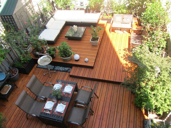 city ​​apartment roof terrace design ideas wooden floor embarrass dining area living area