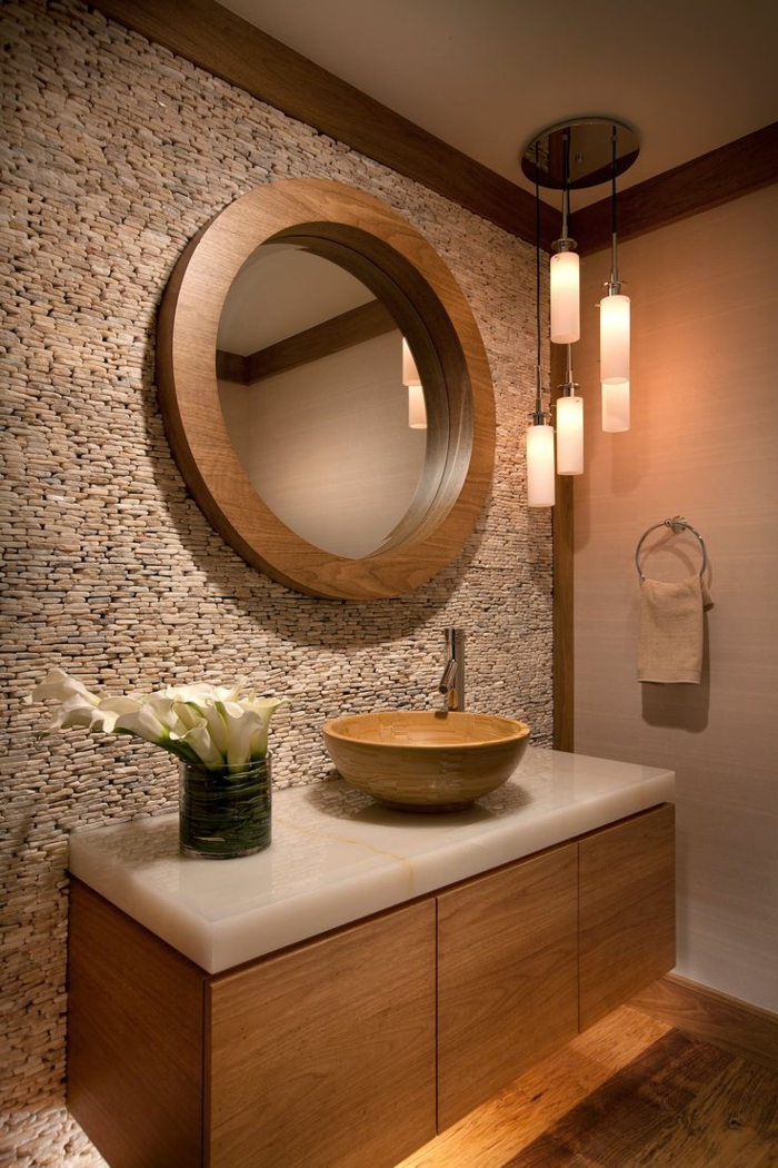 stone wall bathroom shape round wall mirror flowers