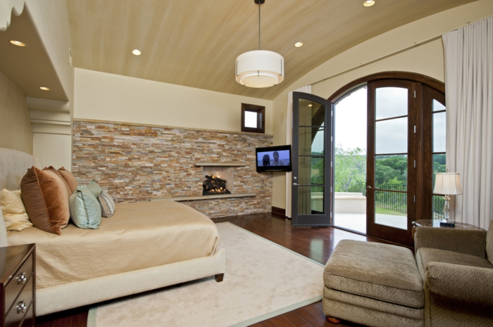 stone wall bedroom decoration accent wall recessed lights