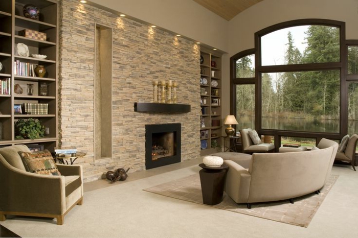 stone wall living room accent wall fireplace fancy sofa