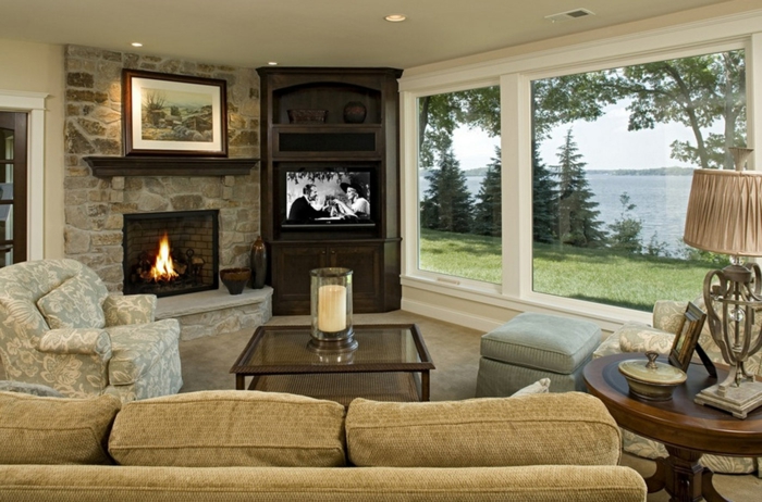 stone wall living room fireplace cozy living area