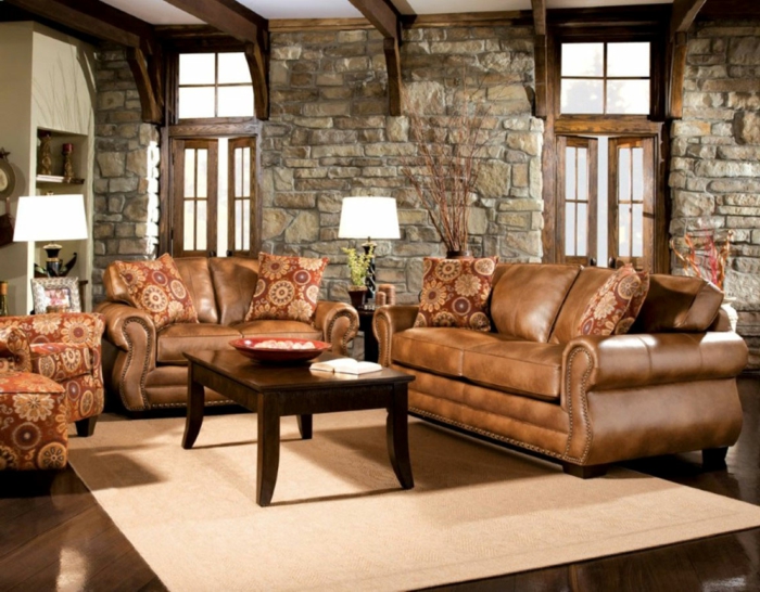 stone wall living room leather furniture simple carpet