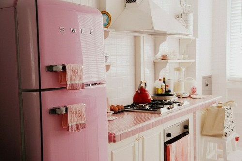 stylish retro pink shiny fridge setting up idea