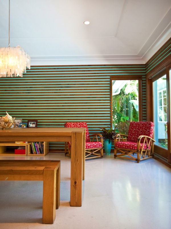 stripe wallpaper dining room design eclectic interior