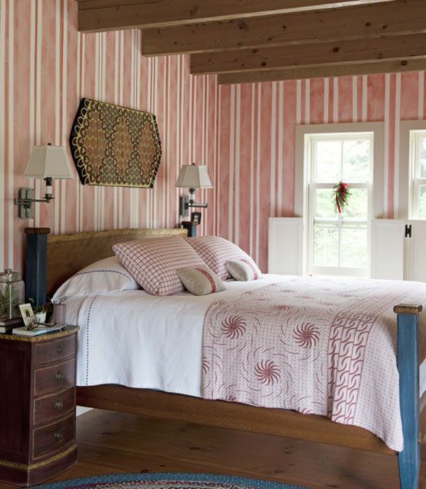juostos tapetai miegamasis šalies stilius gražus namo interjeras