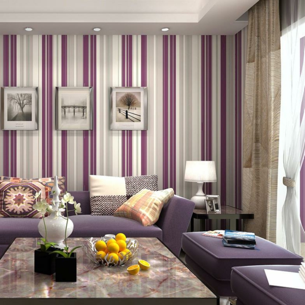 stripe wallpaper living room purple beige stripes