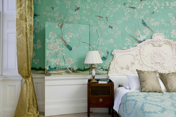 behang vintage groen bos gordijnen gouden slaapkamer frame