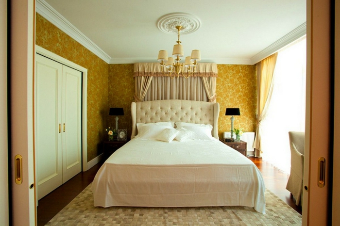 behang vintage slaapkamer geel patroon tapijt