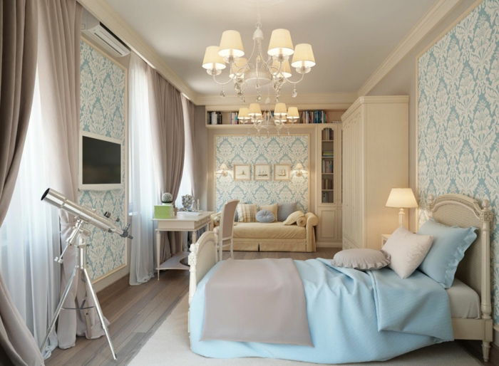 behang vintage slaapkamer frame stijlvolle gordijnen