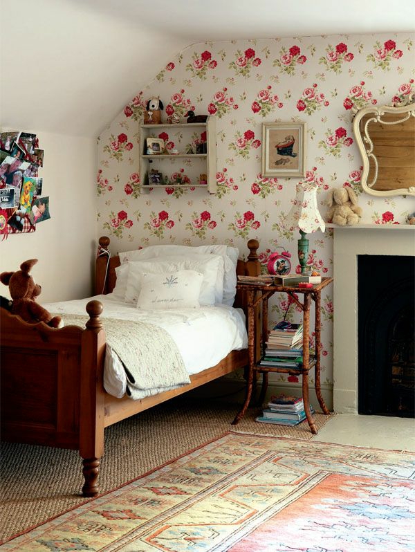wallpaper country style bedroom fireplace
