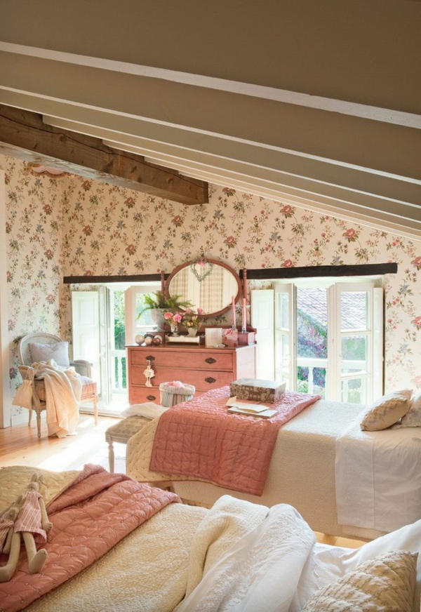 wallpaper pattern bedroom design country style wooden beams