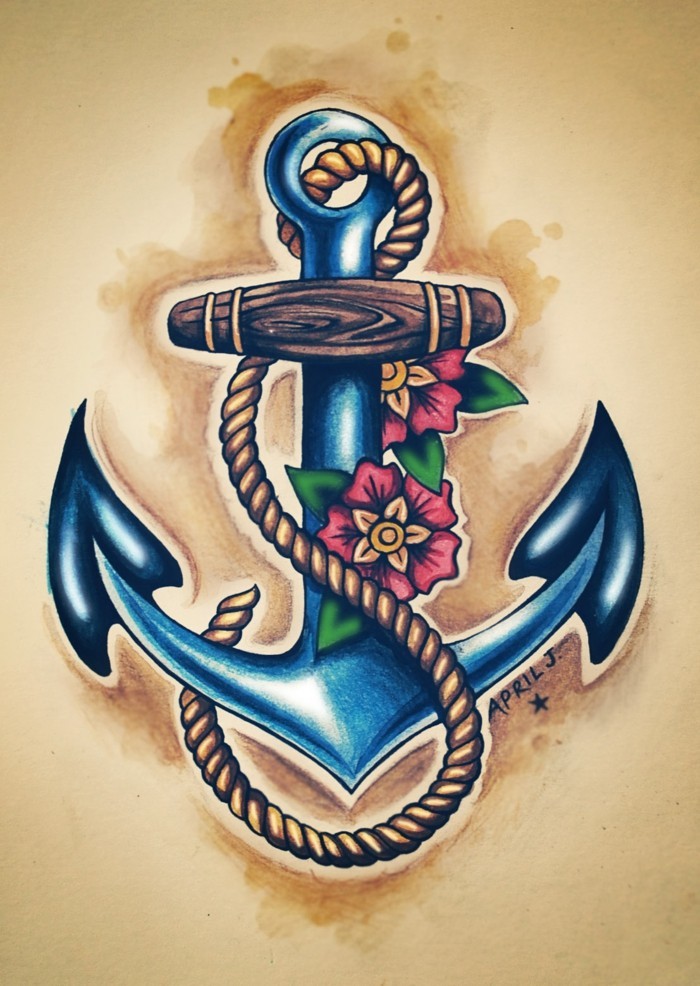 ancre de modèle de tatouage 3d coloré avec fleurs et corde