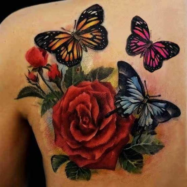 τατουάζ πίσω τατουάζ πεταλούδα με τριαντάφυλλο