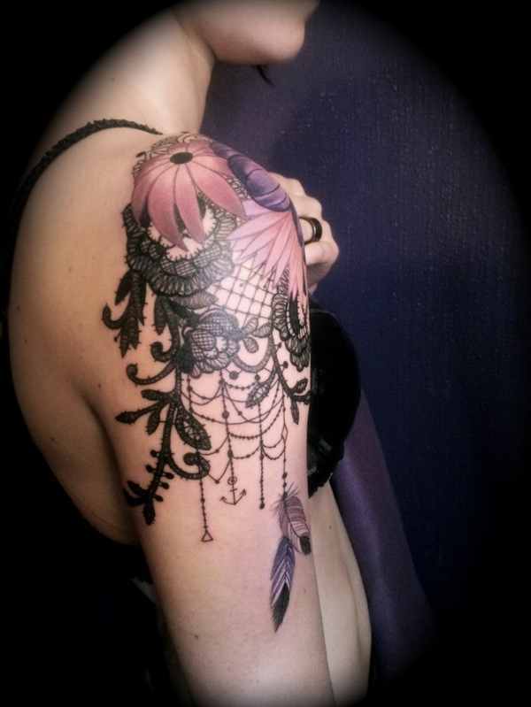 τατουάζ πάνω τατουάζ σχέδια βραχίονα λουλούδια φτερά πλέγμα
