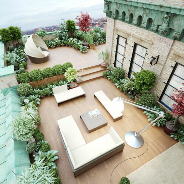 terasa design nápady střešní terasa hrnkové rostliny zelená oáza pohody