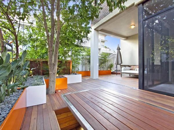 terrace design ideas balcony plants wooden floor screen