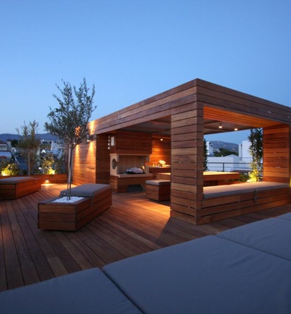 terrasse design pergola meubles en bois table banc décoration