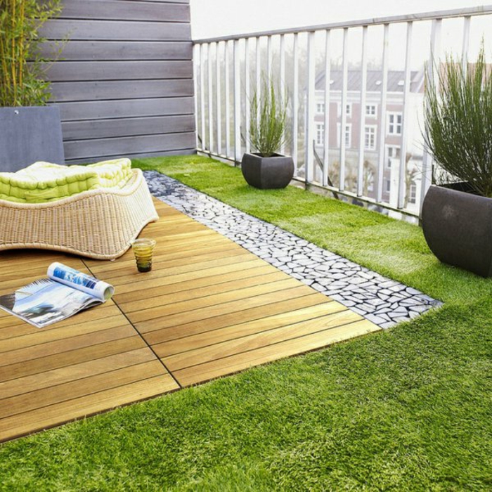 terraces ideas balcony plants lounge furniture wood floor artificial turf